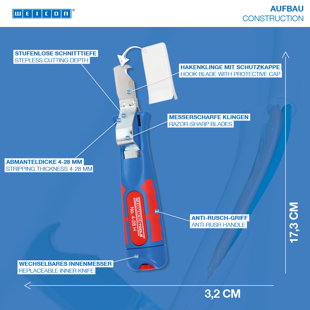 Cuțit dezizolat cablu 4 - 28 H | cu maner bicomponent ce include lama tip carlig si capac de protectie, interval de lucru  4 - 28 mm Ø