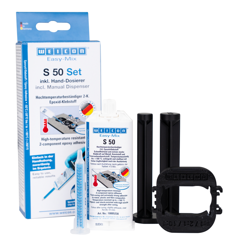 Adeziv epoxidic WEICON Easy-Mix S 50 | Adeziv pe bază de rășină epoxidică rezistent la temperaturi ridicate pentru lucrări rapide de reparații și întreținere