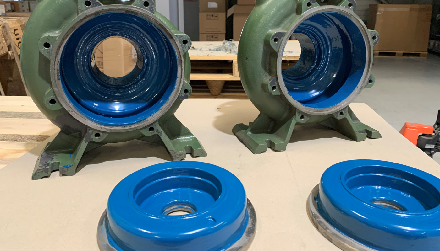 pump housing, flange, blue inner lining, cast iron, industrial