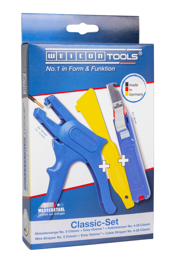 Classic-Set Tools  | Set scule WEICON gama clasica: Clește dezizolator nr. 5, desfacator Easy Opener, Cutit pentru cabluri WEICON C 4-28