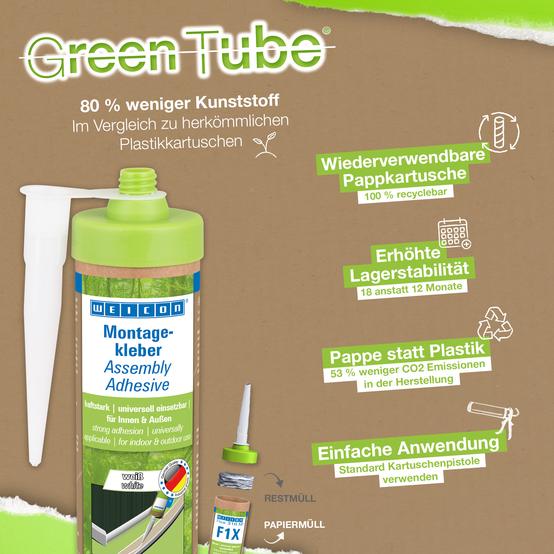 Adeziv de asamblare WEICON Green Tube | adeziv universal puternic pentru utilizare la interior și exterior