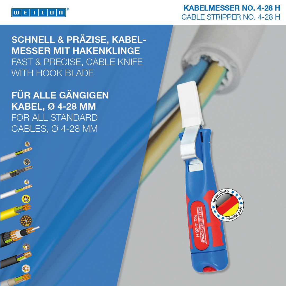 Cuțit dezizolat cablu 4 - 28 H | cu maner bicomponent ce include lama tip carlig si capac de protectie, interval de lucru  4 - 28 mm Ø