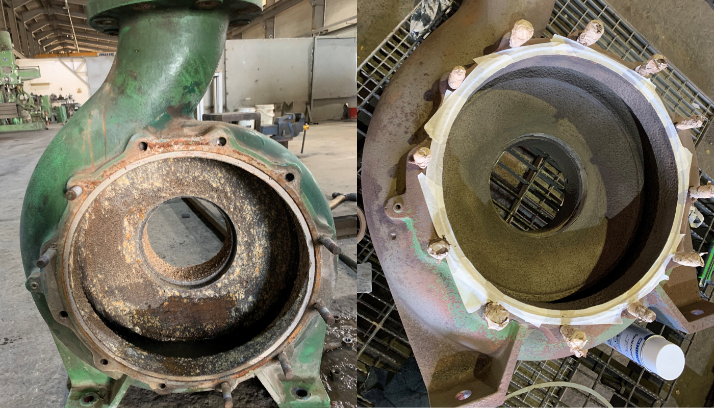 industrial pump, flange, rust, green paint, casing
