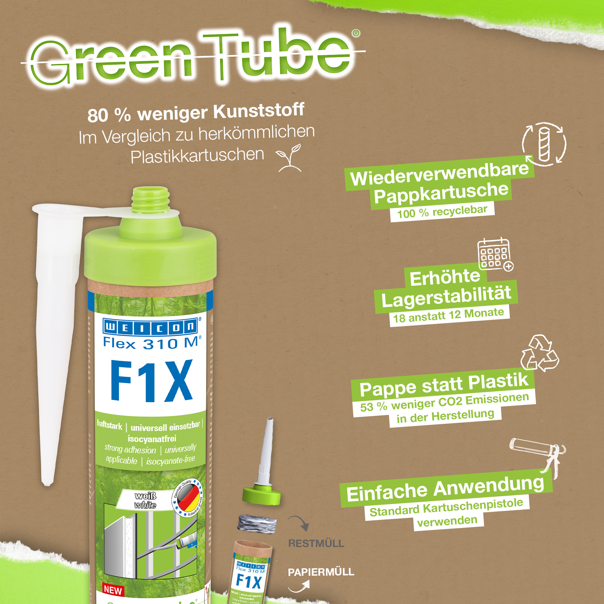 WEICON Green Tube Flex 310 M F1X | Adeziv și etanșant pe bază de polimeri MS cu aderență inițială foarte ridicată, rezistent la temperaturi de până la 180°C