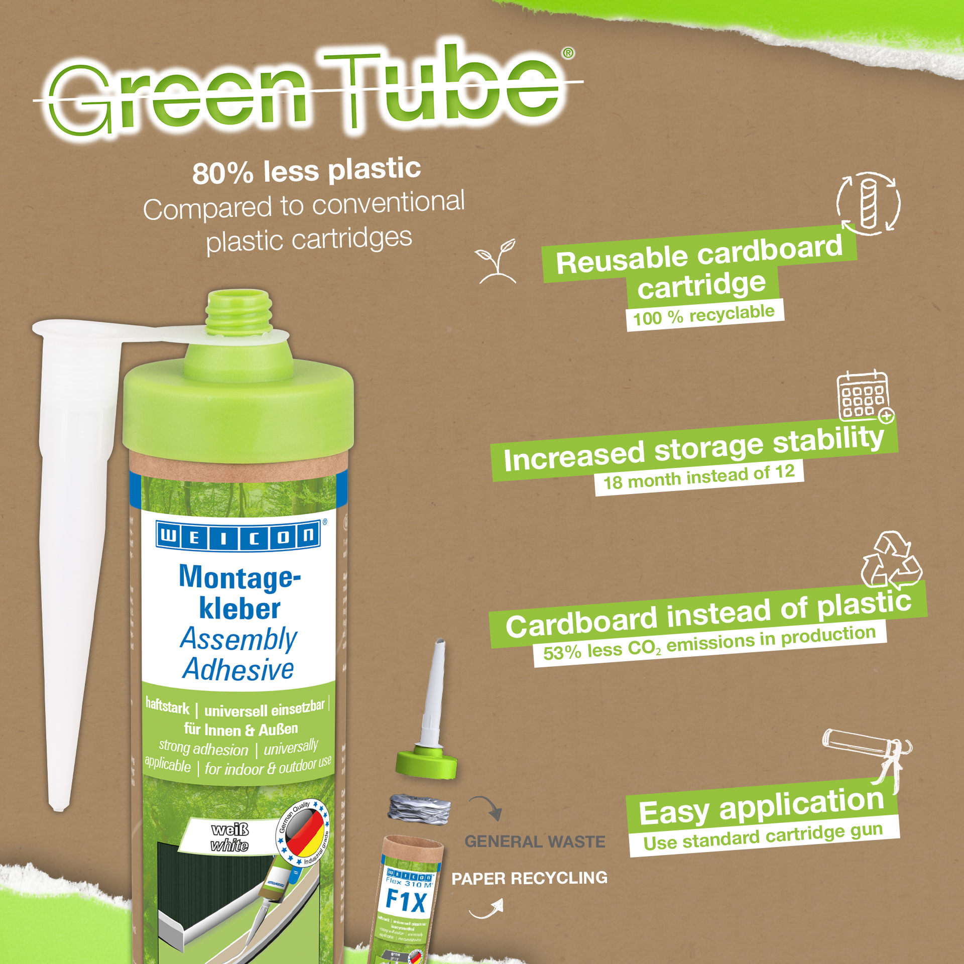 Adeziv de asamblare WEICON Green Tube | adeziv universal puternic pentru utilizare la interior și exterior